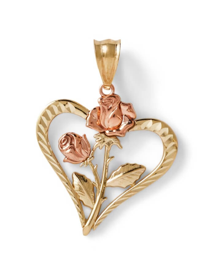 Diamond-Cut Double Rose Heart Necklace Charm in 10K Solid Two-Tone Gold